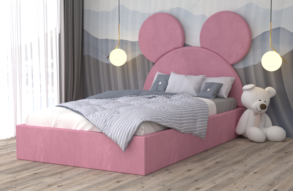 Pat copii cu design Mickey roz, tapițat și cu o tăblie în formă de urechi, potrivit pentru camera copiilor