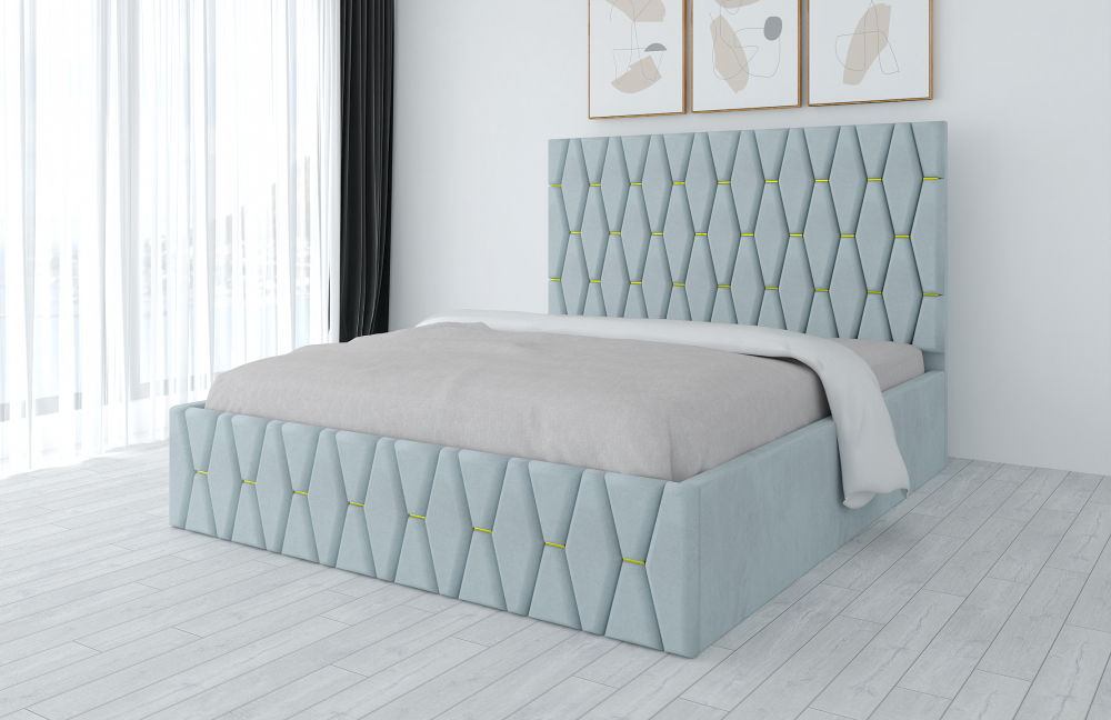Pat tapițat cu saltea inclusă de la Mobila Domardo în nuanță deschisă, design modern și captuseală geometrică