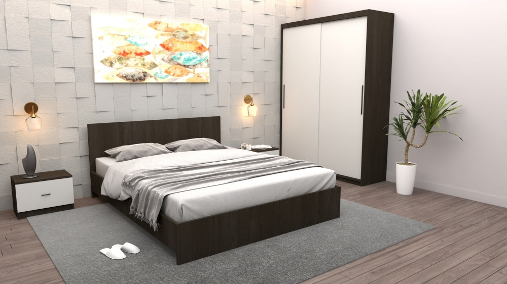 Set mobilier dormitor modern Mobila Domardo pat matrimonial dulap cu usi glisante si noptiere albe si wenge