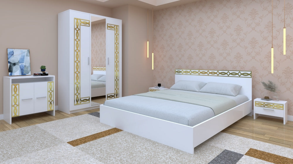 Dormitor complet cu livrare gratuită Mobila Domardo în nuanțe albe cu detalii aurii și design modern