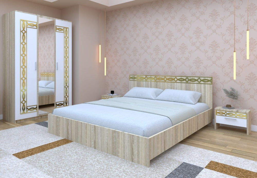 Dormitor complet cu livrare gratuită Mobila Domardo cu pat, dulap cu oglinzi și noptiere în design modern