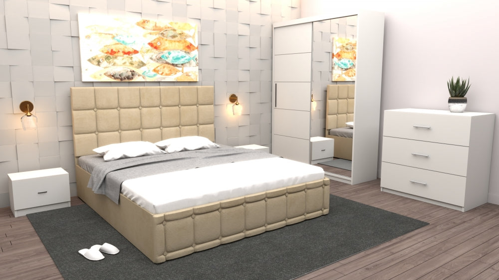 Dormitor elegant cu mobilier modern pentru dormitor bej, dulap alb cu oglindă și comodă cu trei sertare