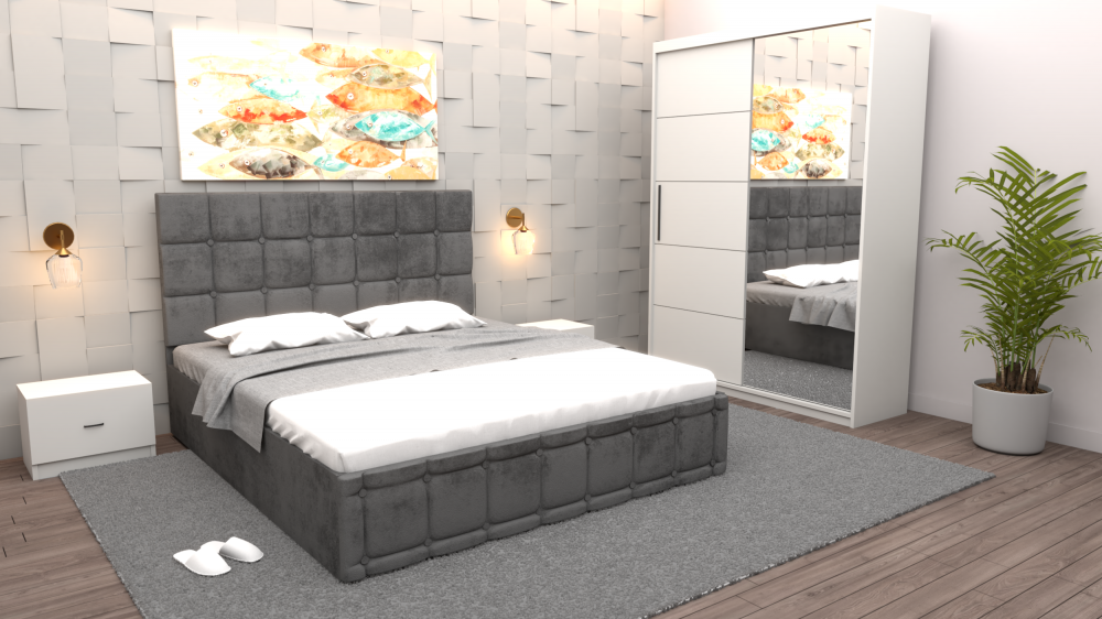 Dormitor elegant cu mobilier modern pentru dormitor gri si alb, pat tapitat si dulap cu oglinda