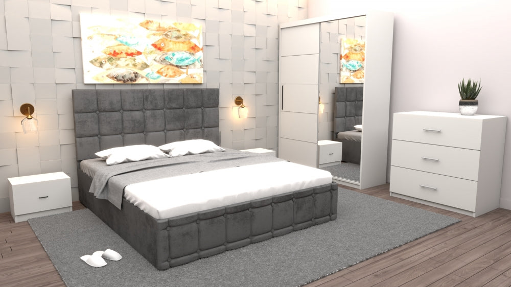 Dormitor complet cu mobilier modern pentru dormitor de la Mobila Domardo cu pat, noptiere, dulap și comodă