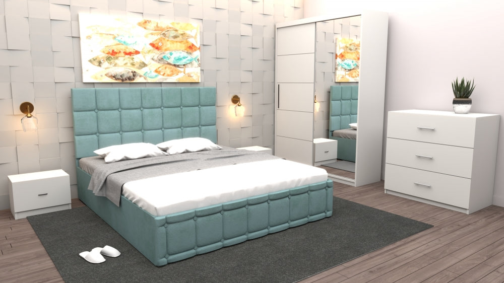 Mobilier modern pentru dormitor cu pat tapitat albastru, dulap alb cu oglinda si comoda alba Mobila Domardo