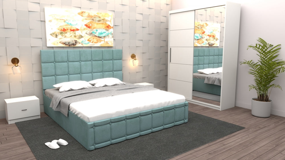 Dormitor modern complet cu mobilier modern pentru dormitor Mobila Domardo, pat tapitat verde si dulap alb cu oglinda