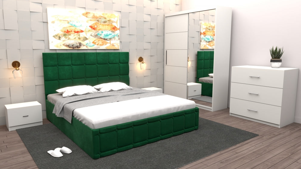 Dormitor cu mobilier modern pentru dormitor de la Mobila Domardo, pat verde și dulap alb cu oglindă
