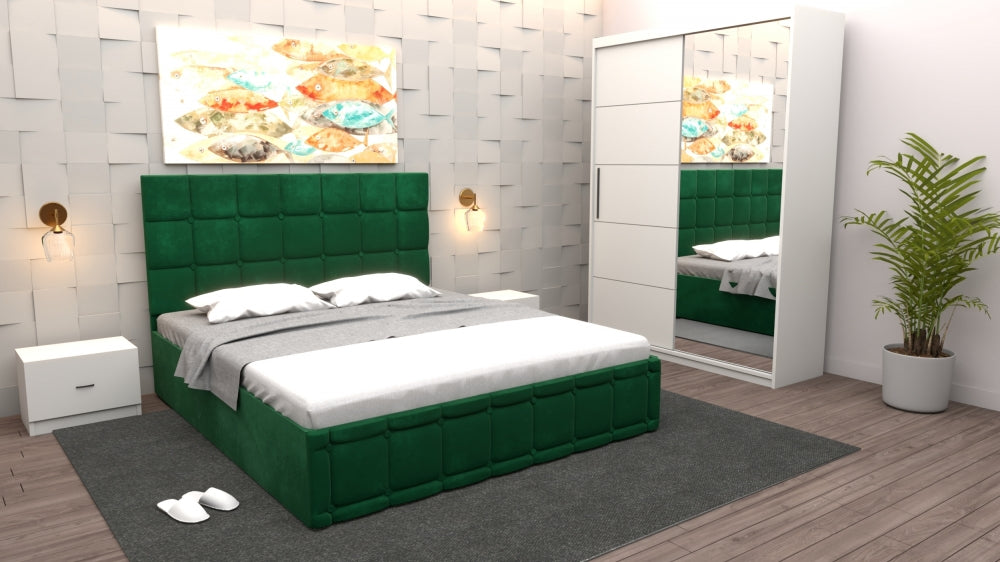 Dormitor elegant cu mobilier modern pentru dormitor de la Mobila Domardo cu pat verde si dulap cu oglinda