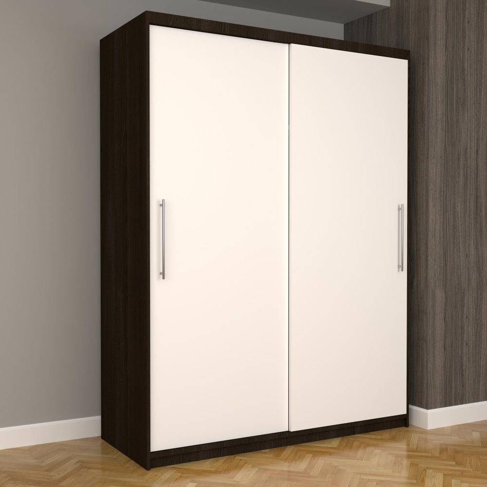 Dulap cu uși culisante Mobila Domardo, design modern cu fronturi albe și cadru maro închis