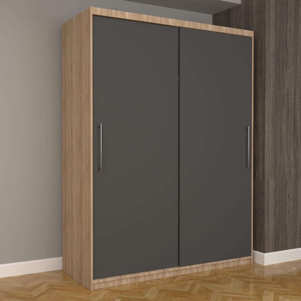 Dulap cu uși culisante Mobila Domardo în culoare gri și lemn deschis, design modern pentru dormitor