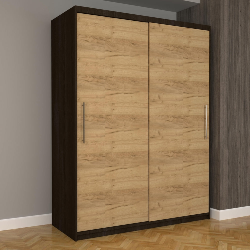 Dulap cu uși culisante Mobila Domardo, finisaj stejar deschis și închis, design modern pentru dormitor