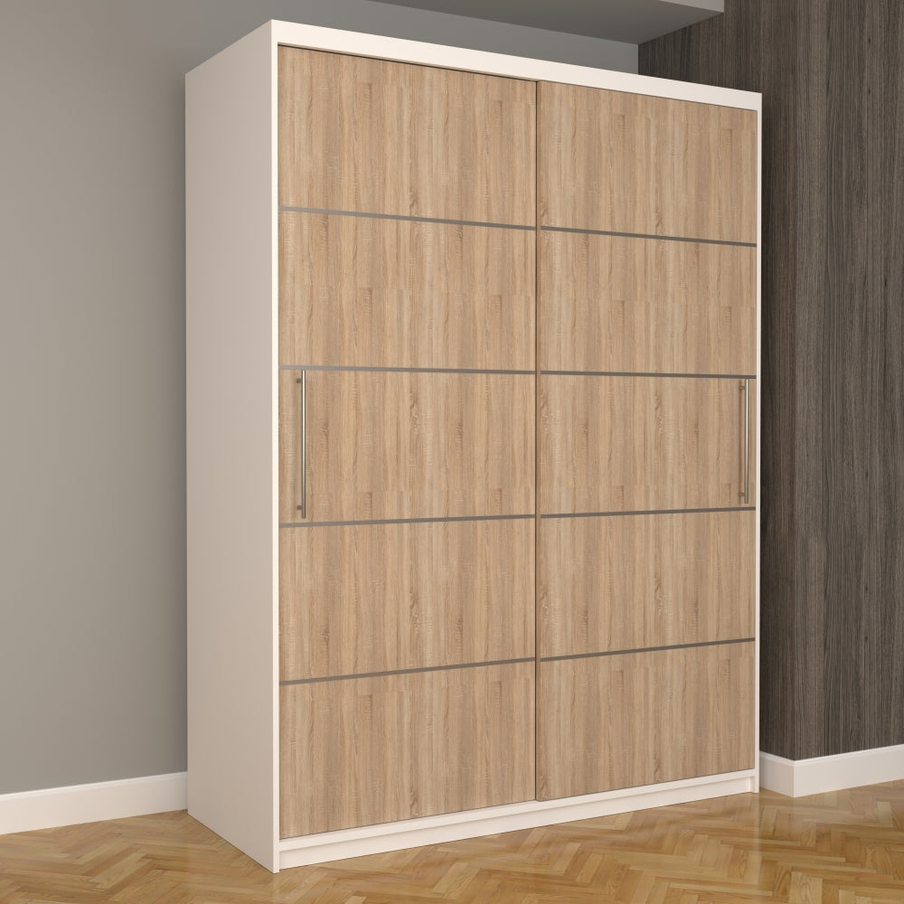 Dulap încăpător cu livrare gratuită, finisaj alb și uși din lemn natural, design modern Mobila Domardo