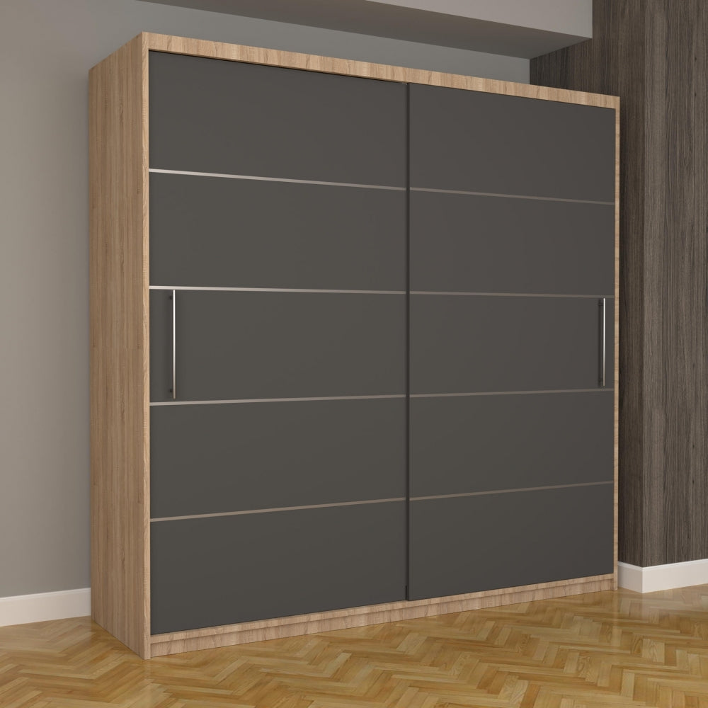 Dulap încăpător cu livrare gratuită în nuanțe gri și lemn, design modern cu uși glisante