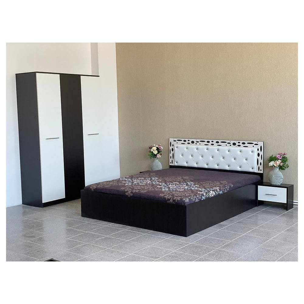 Mobilier dormitor negru alb Mobila Domardo cu pat, dulap si noptiere intr-un design modern