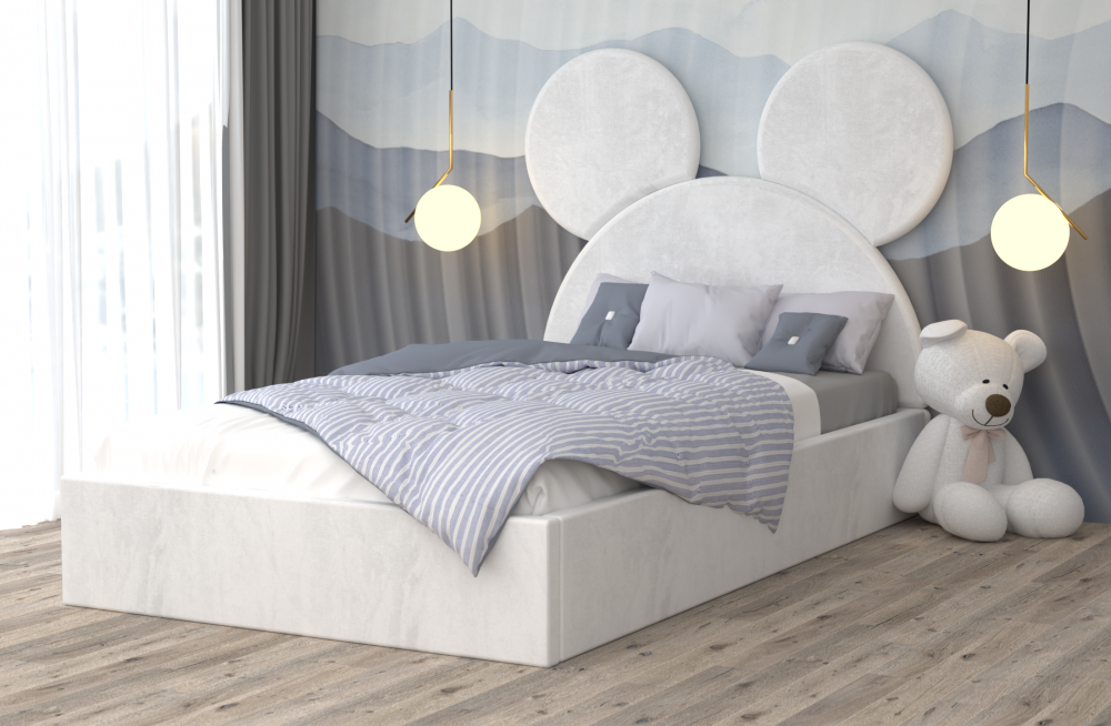 Pat copii cu design Mickey alb cu tăblie rotundă și decor de pluș în cameră modernă