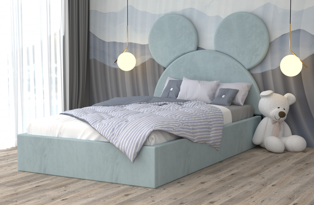 Pat copii cu design Mickey albastru deschis, cu tablie în formă de cap de șoricel, de la Mobila Domardo
