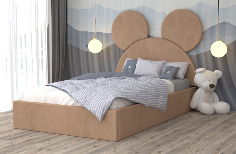 Pat copii cu design Mickey din lemn cu tablie moale și formă de urechi rotunde în decor modern
