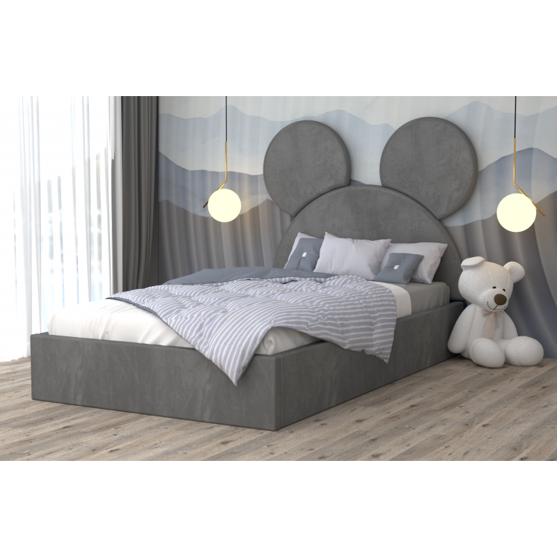 Pat copii cu design Mickey gri, cu tăblie rotundă în formă de urechi, décor modern pentru cameră