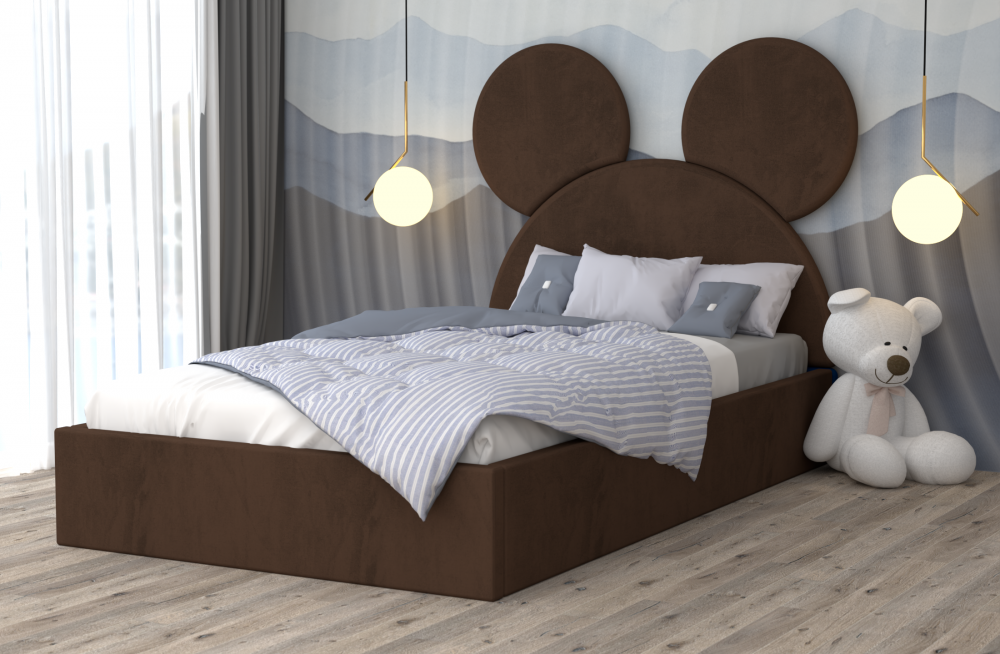 Pat copii cu design Mickey maro cu tăblie rotundă și spațiu de depozitare, ideal pentru camera copiilor