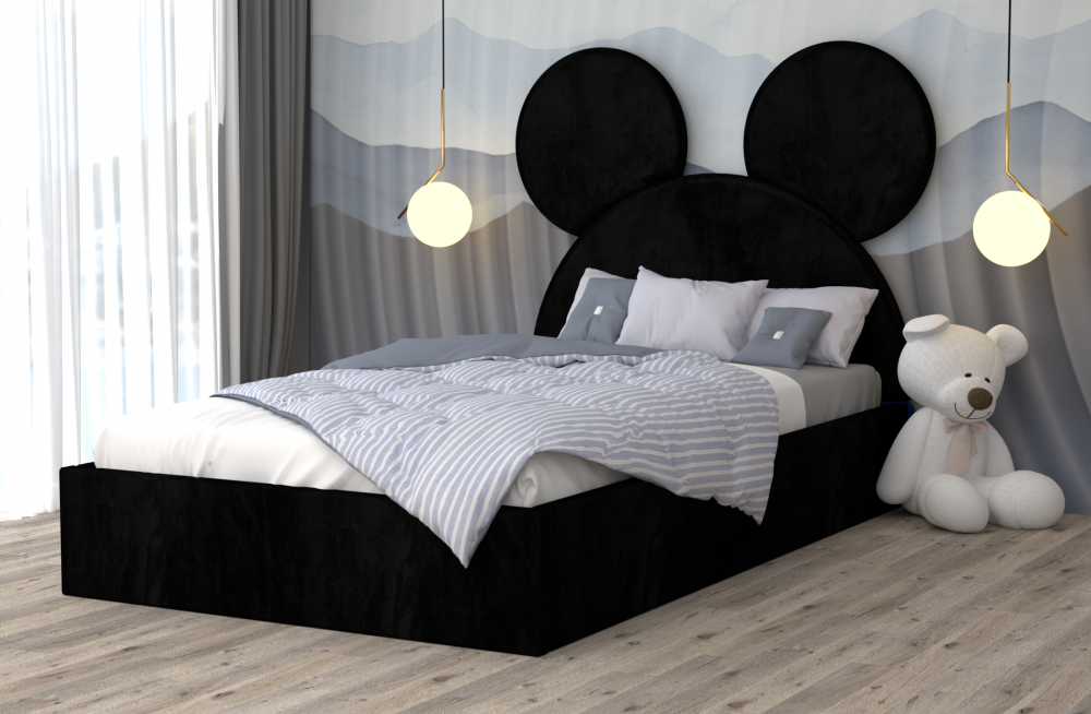 Pat copii cu design Mickey negru din lemn Mobila Domardo cu tablie rotunda si sertar de depozitare
