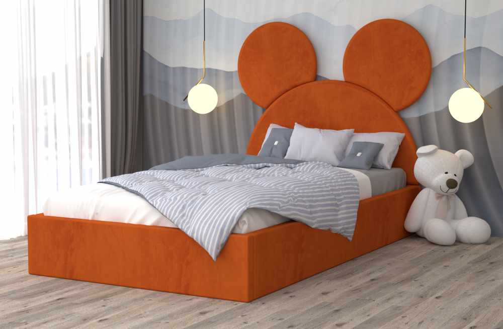 Pat copii cu design Mickey portocaliu cu tăblie rotundă în formă de urechi pentru camera copiilor