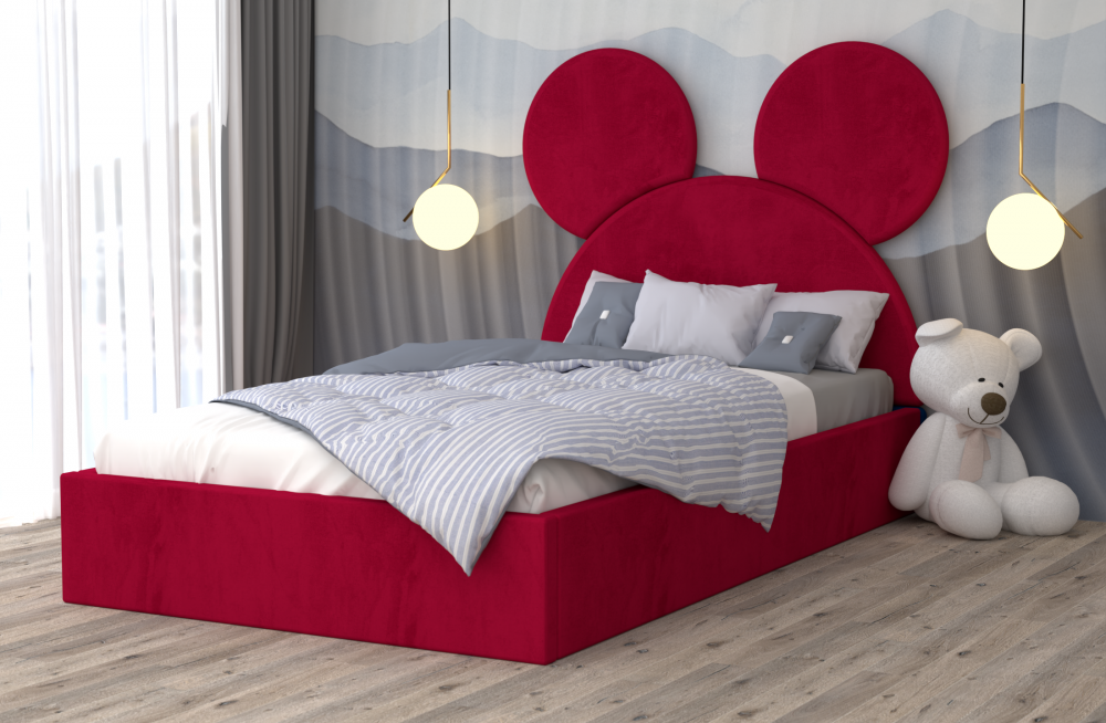 Pat copii cu design Mickey roșu de la Mobila Domardo, ideal pentru camera copiilor cu decor vesel