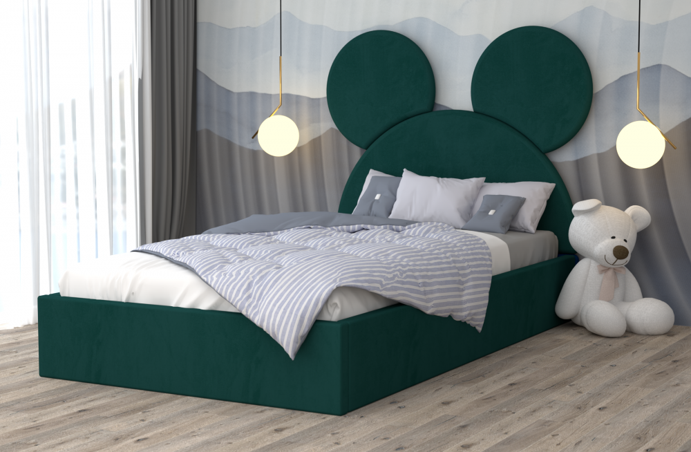 Pat copii cu design Mickey verde închis cu tapițerie moale și pernă confortabilă în dormitor modern