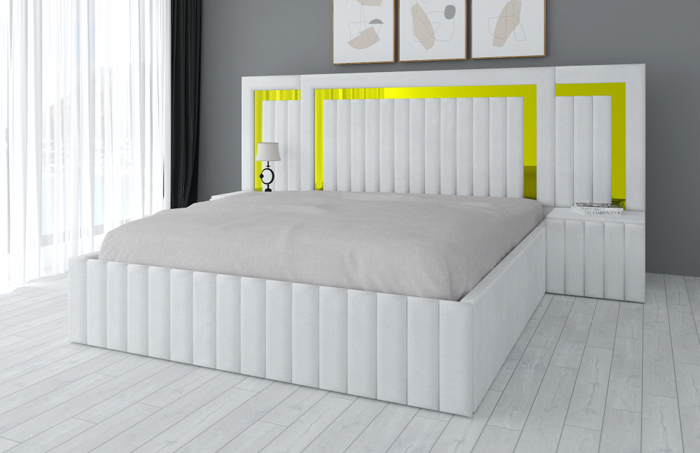Pat matrimonial cu noptiere alb moderne, design elegant oferit de Mobila Domardo în dormitor luminos
