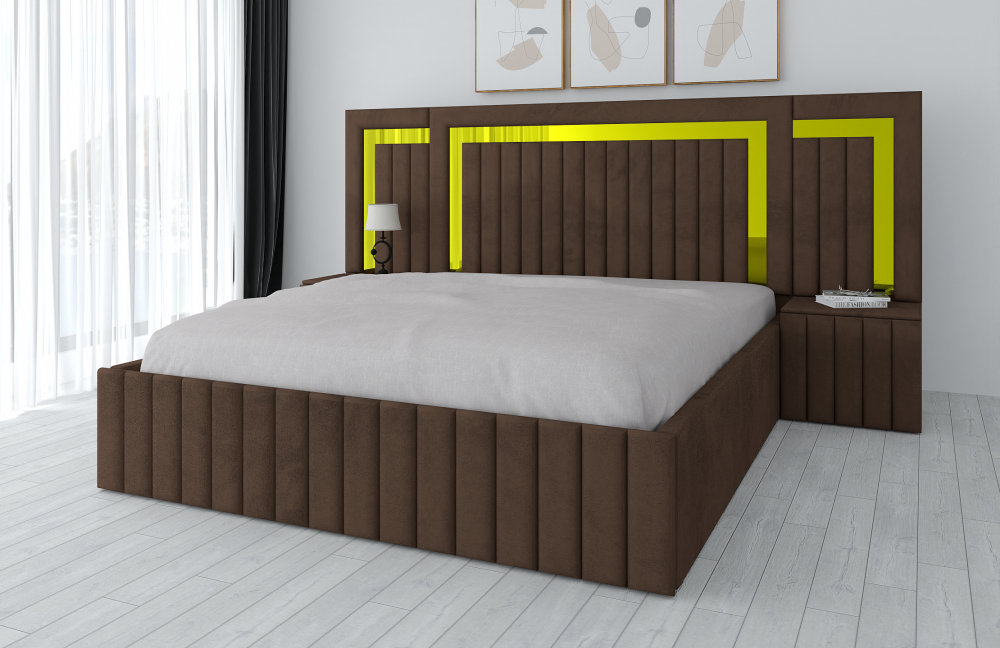 Pat matrimonial cu noptiere din catifea maro cu detalii galbene, mobilier modern de la Mobila Domardo