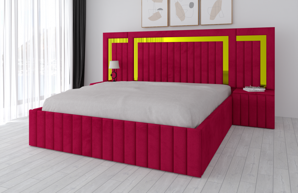 Pat matrimonial cu noptiere tapitat rosu cu detalii aurii si design modern oferit de Mobila Domardo
