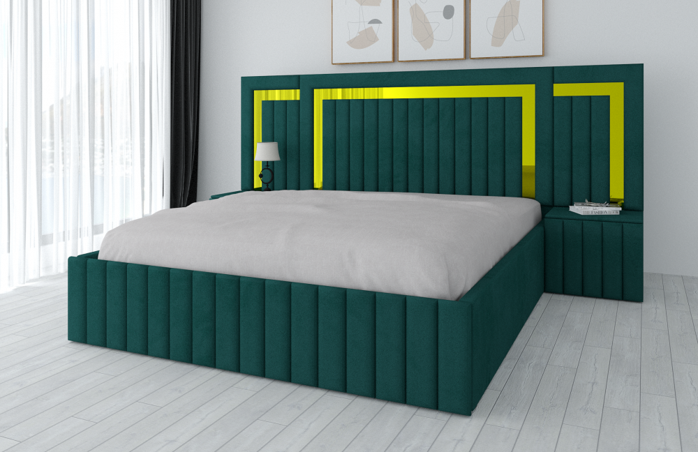 Pat matrimonial cu noptiere verde închis și detalii galbene elegant pentru dormitor modern