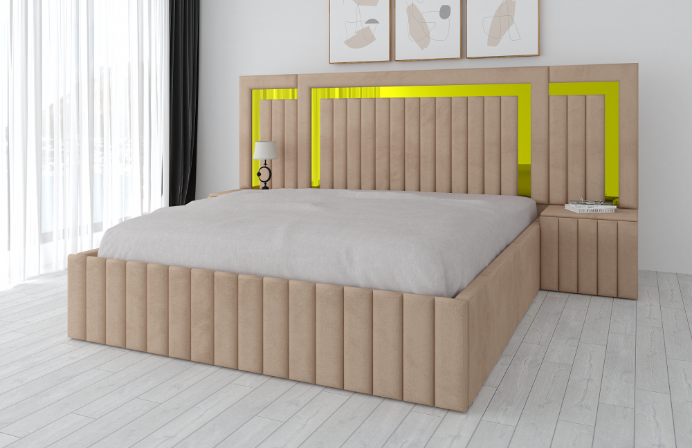 Pat matrimonial cu noptiere tapitat bej și detalii galbene, design modern și elegant Mobila Domardo