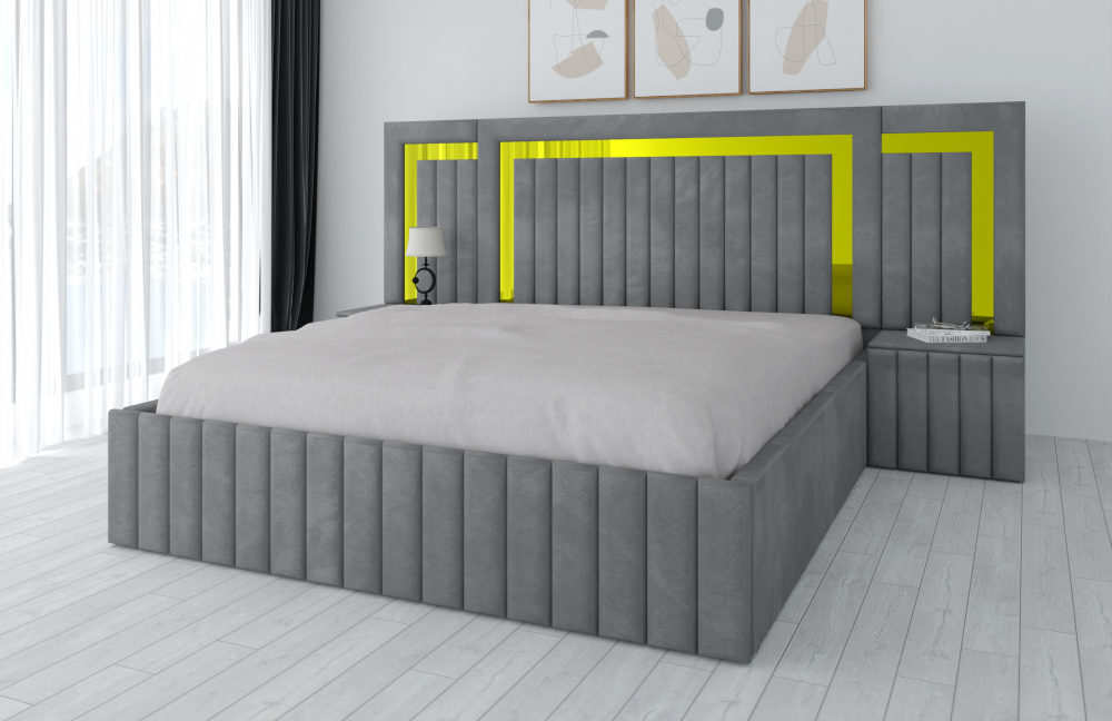Pat matrimonial cu noptiere și tapițerie gri cu design modern de la Mobila Domardo