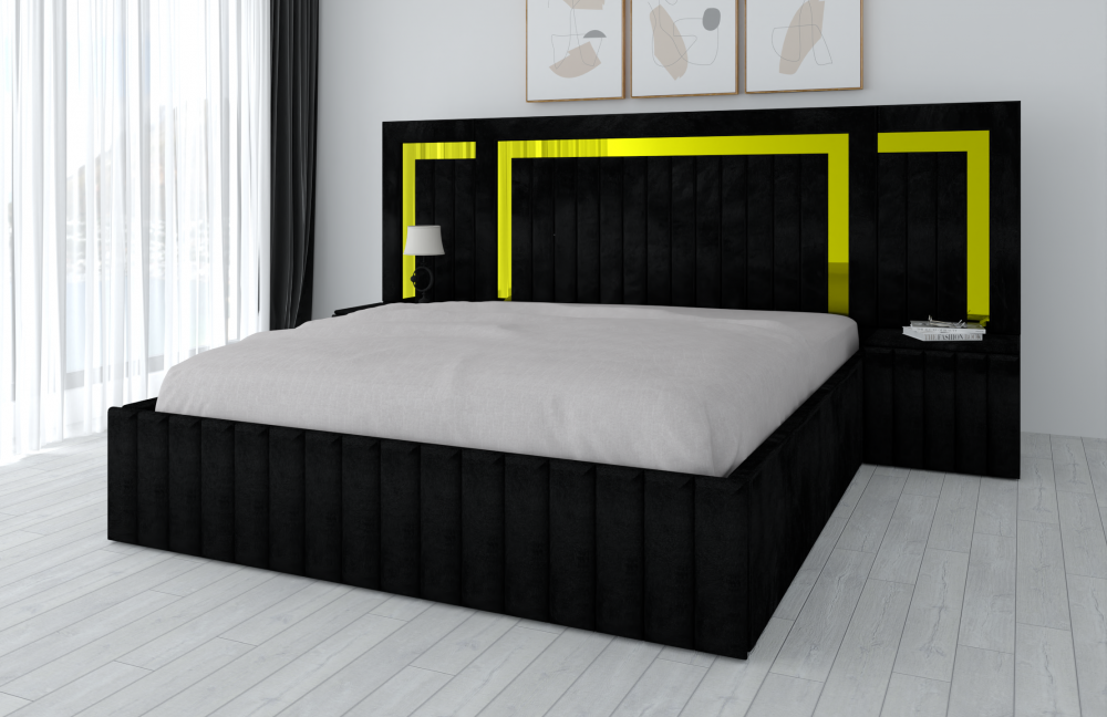 Pat matrimonial cu noptiere în design modern negru cu detalii galbene, dormitor luminos și stilat