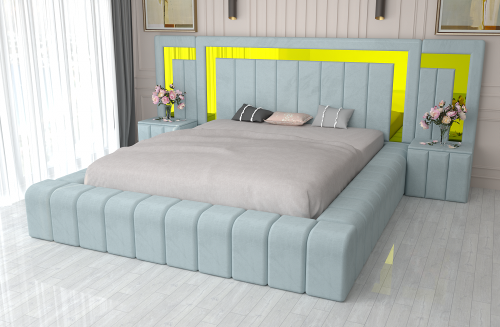 Pat matrimonial tapitat cu noptiere albastre si decor galben modern de la Mobila Domardo