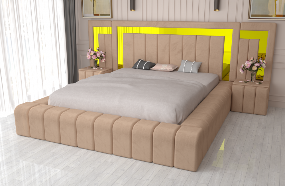 Pat matrimonial tapitat cu noptiere bej si design modern, ideal pentru dormitor elegant Mobila Domardo