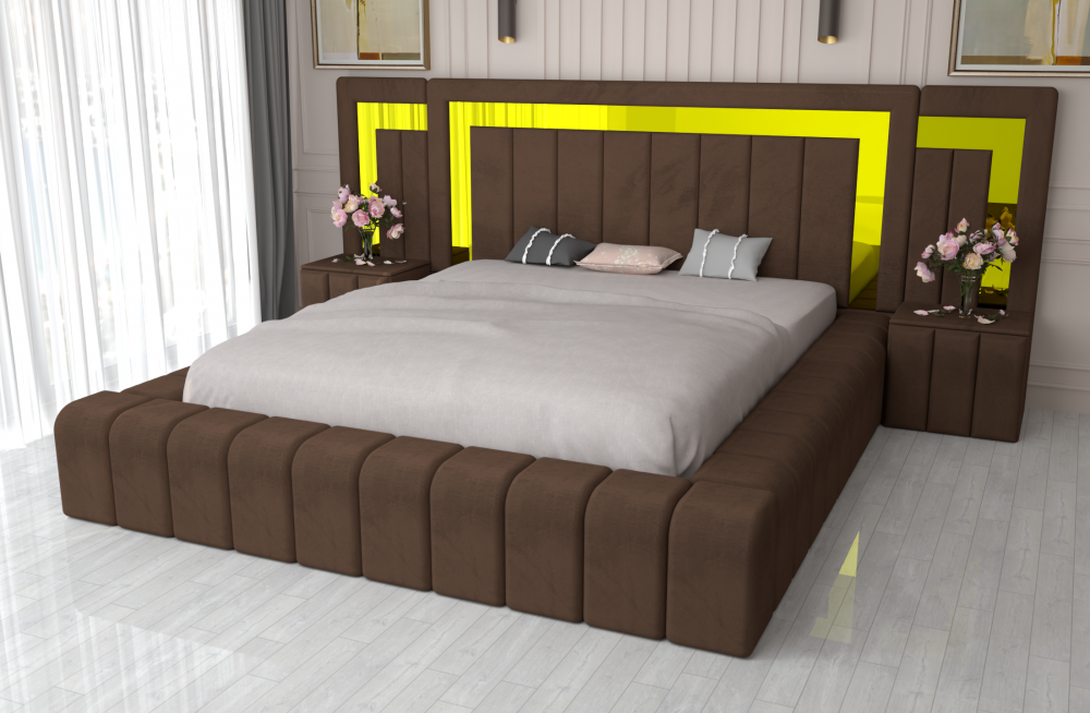 Pat matrimonial tapitat cu noptiere integrate, finisaj maro și lumină decorativă galbenă