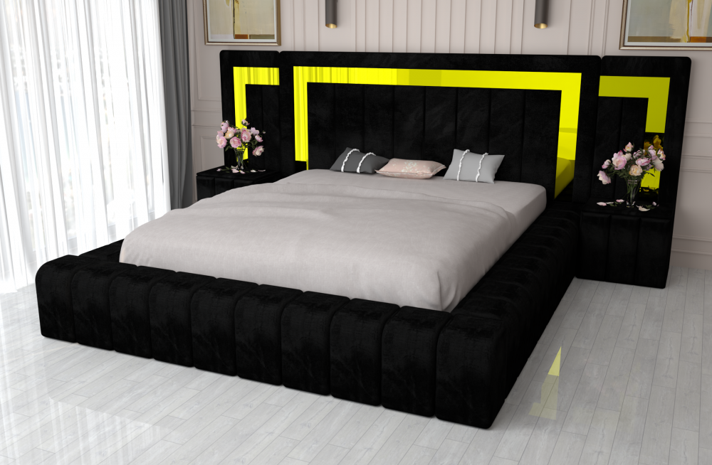 Pat matrimonial tapitat cu noptiere si iluminare LED, design modern si elegant Mobila Domardo