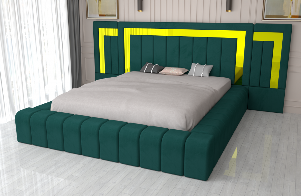 Pat matrimonial tapitat cu noptiere de la Mobila Domardo in nuante de verde si galben elegant