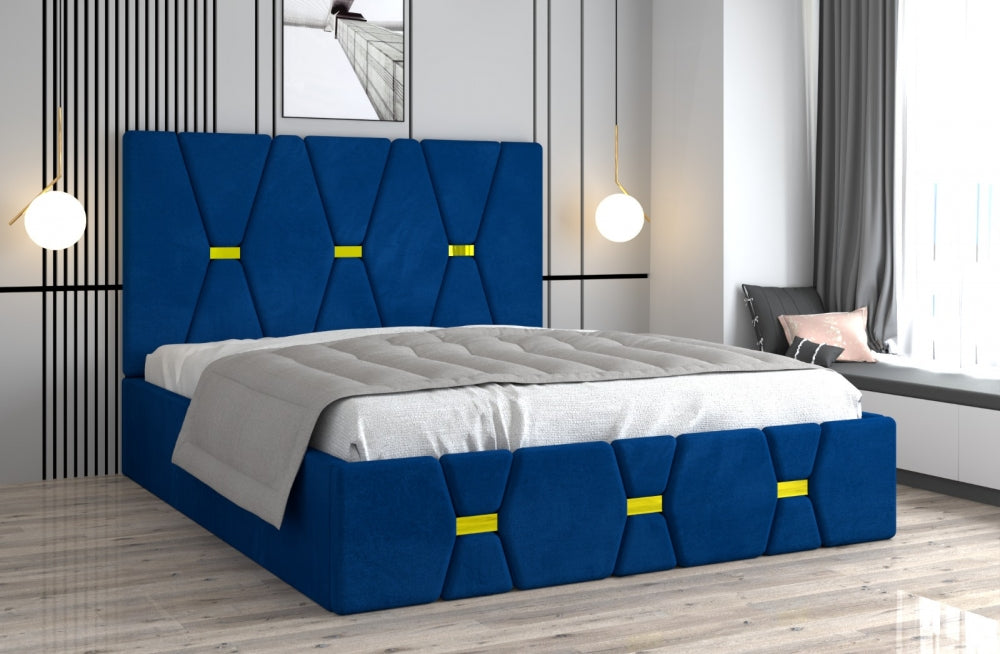 Pat tapitat cu saltea inclusă albastru închis cu accente galbene și design modern în dormitor luminos