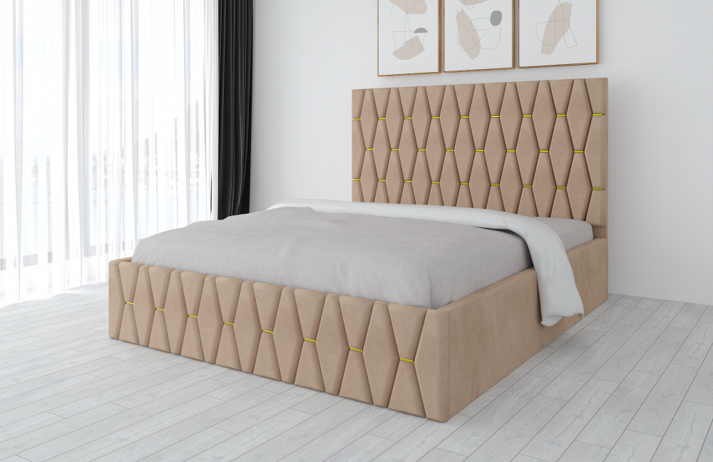 Pat tapițat cu saltea inclusă în nuanțe bej, cu design geometric elegant pentru dormitor modern