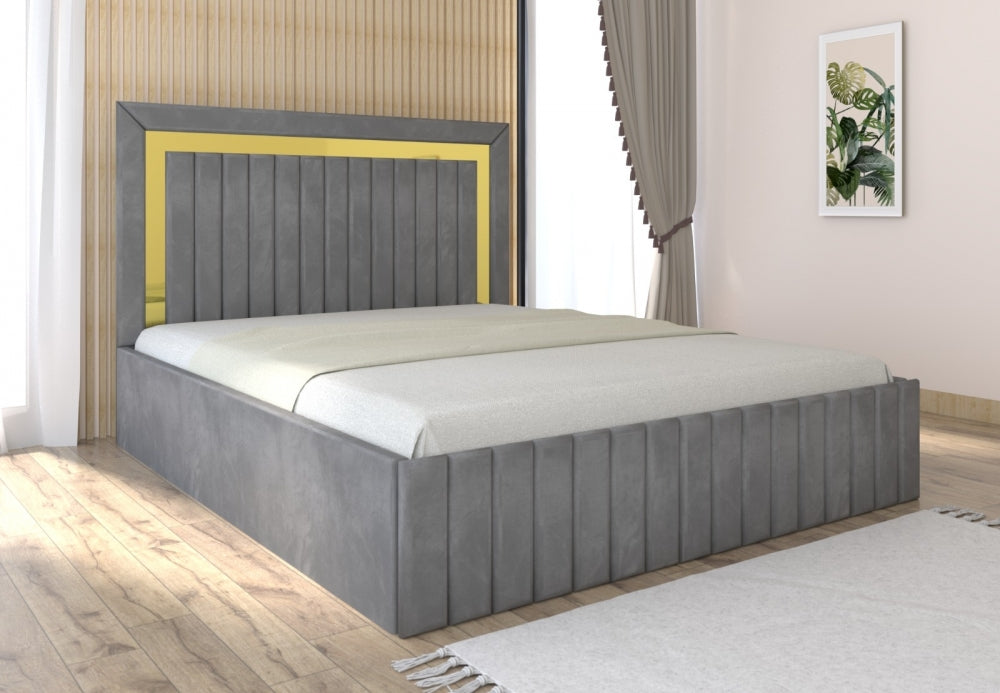 Pat tapițat cu saltea inclusă gri, cu design modern și cadru robust, perfect pentru dormitor elegant