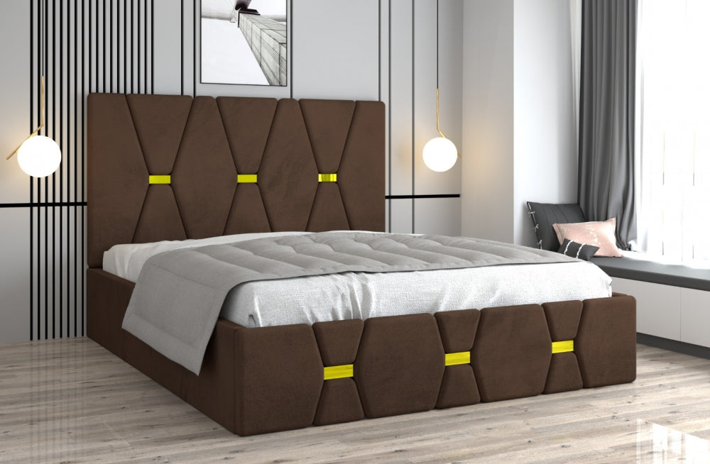 Pat tapitat cu saltea inclusă de la Mobila Domardo, maro, cu design modern și detalii galbene