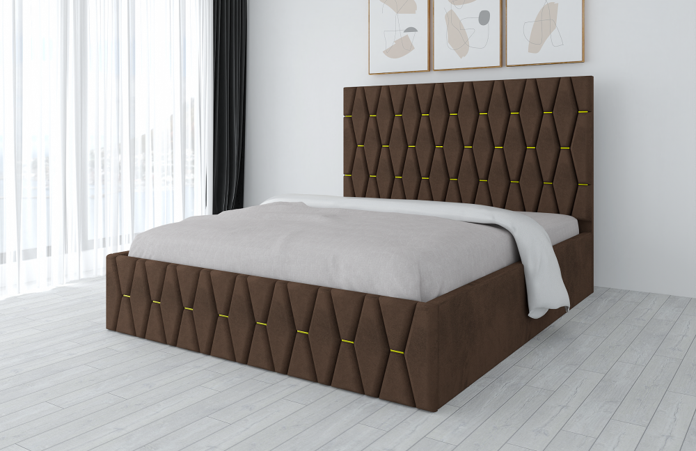 Pat tapițat cu saltea inclusă maro, design modern și elegant în dormitor luminos