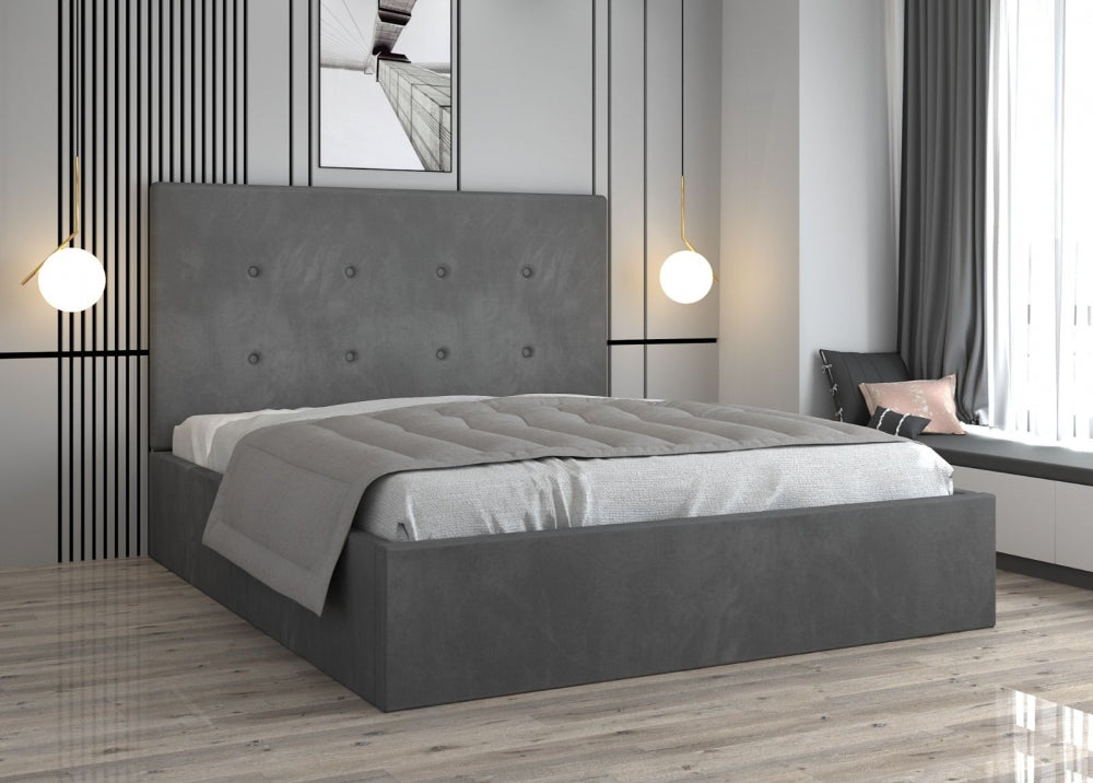 Pat tapitat cu saltea inclusă gri, cu design modern și finisaje elegante pentru dormitor
