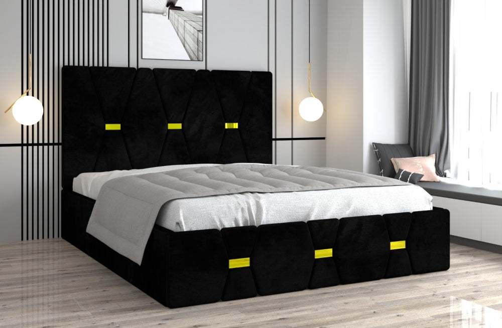 Pat tapitat cu saltea inclusă de la Mobila Domardo, design modern și elegant, negru în dormitor luminos
