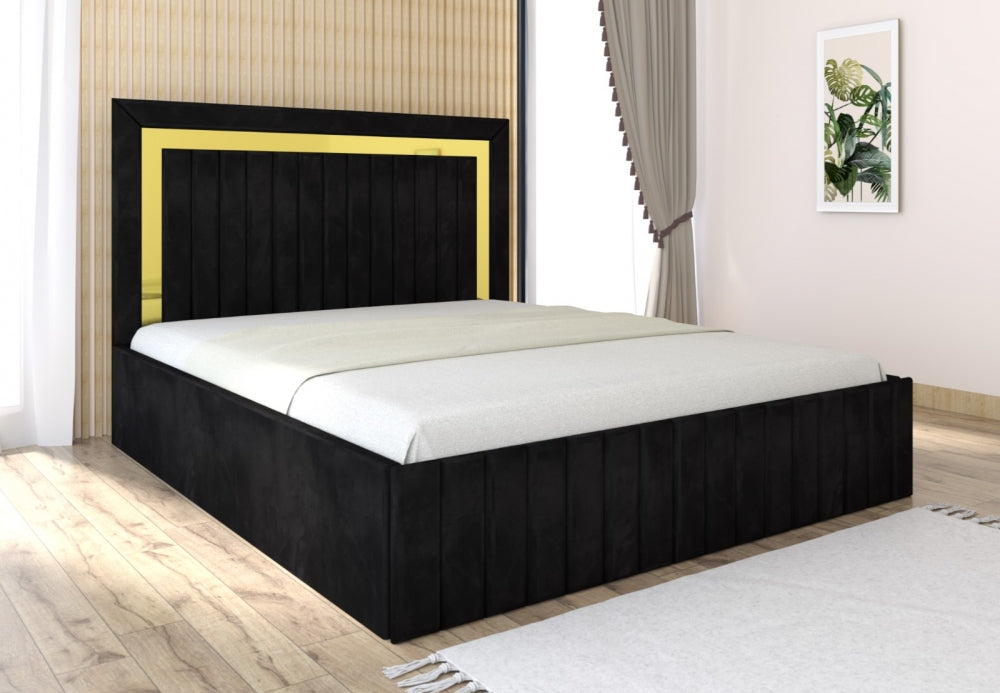 Pat tapițat cu saltea inclusă Mobila Domardo negru cu detalii aurii și design modern în dormitor