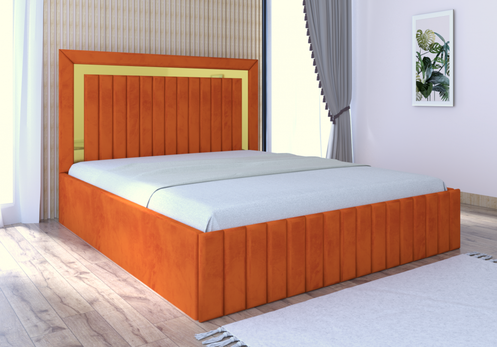 Pat tapițat cu saltea inclusă, mobilier portocaliu elegant, dormitor luminos și modern de la Mobila Domardo