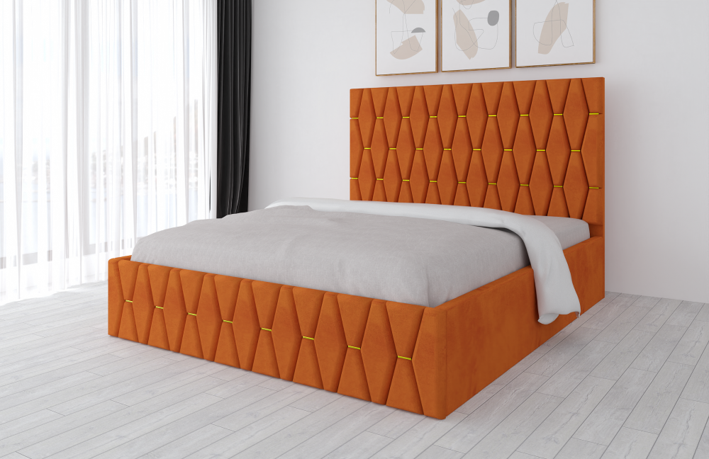 Pat tapițat cu saltea inclusă portocaliu elegant și design modern în dormitor luminos