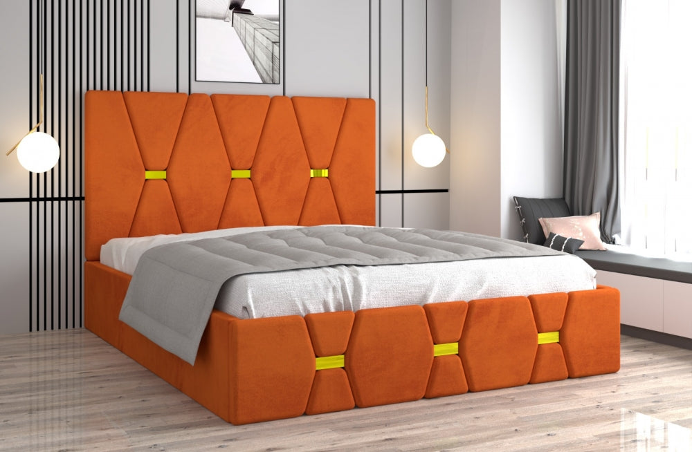 Pat tapitat cu saltea inclusă, cu design modern portocaliu și detalii galbene, în dormitor elegant